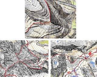 Oben: Künstlerische Felsdarstellung von Aegerter/Rohn, Unten links: Haarstrich-Felszeichnung von Ebster, Unten rechts: Künstlerische Felsdarstellung von Nelles (geprägt von Imhof). Bild: DAV