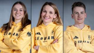 Helena Euringer, Tatjana Paller und Finn Hösch in der Olympia-Einkleidung.