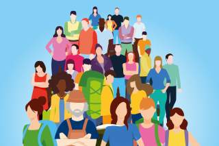 Illustration einer vielfältigen Gruppe von Menschen unterschiedlichen Alters und Aussehens vor blauem Hintergrund.