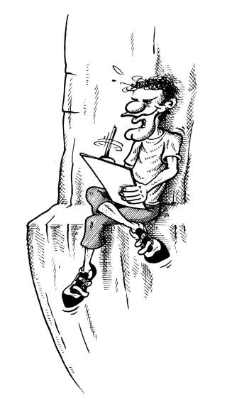 Karikatur eines schwitzenden Mannes mit Brille, der auf einem Felsen sitzt und auf einem Klemmbrett schreibt oder zeichnet.