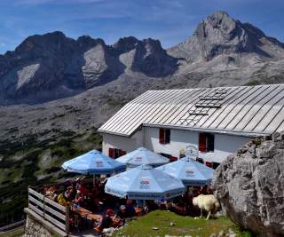 Berggasthaus mit blauen Sonnenschirmen und mehreren Personen auf der Terrasse, umgeben von schroffen Felsen und hohen Bergen bei klarem Himmel.