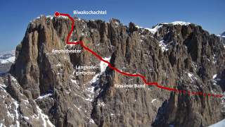Südwestwand des Langkofel mit eingezeichneter Route