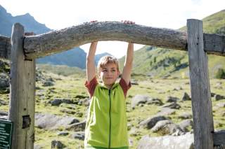 Junge hängt mit beiden Händen an einem gebogenen Holzstamm in einer bergigen Landschaft. Im Hintergrund sind grüne Wiesen und Felsen sichtbar.