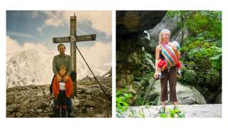 Zwei Fotos: Links ein Mann mit einem Kind vor einem Gipfelkreuz in den Bergen, rechts eine Frau mit einem Baby in einem Tragetuch in einer bewaldeten Felsenlandschaft.