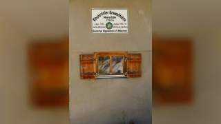 Holzfenster mit offenen Fensterläden in einer beigen Wand, darüber ein Schild mit der Aufschrift „Klostertaler Umwelthütte, Meereshöhe 2362 m, Deutscher Alpenverein e.V. München“.
