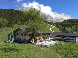 Hütte in Almlandschaft bei Sonnenschein