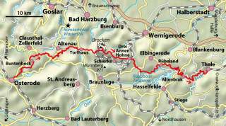 In Karte eingezeichnete Route des Harzer Hexenstiegs