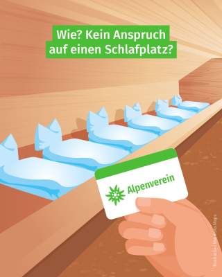 Grafik mit einem Matratzenlager in einer Alpenvereinshütte, im Vordergrund eine Hand mit Alpenvereinsausweis