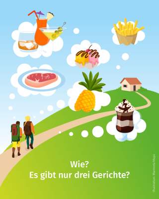 zwei Wandernde gehen auf eine Alpenvereinshütte zu, in Gedankenblasen sieht man Speisen, die es auf Hütten nicht gibt (Steak, Cocktails, Ananas etc)
