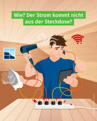Grafik von einem Mann, der in Hüttensetting steht und an einer Steckdose Handy, Föhn, Bügeleisen etc. auflädt