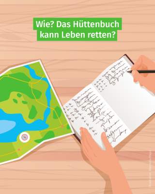 Grafik mit Blick auf eine Wanderkarte und ein offenes Hüttenbuch, über dem Hände mit einem Stift schweben