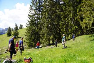 Personen stehen im Kreis auf einer Wiese und heben ein Bein an