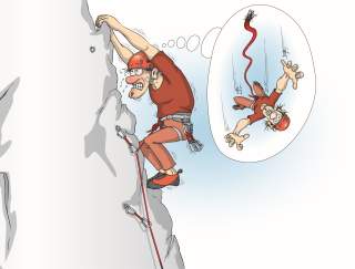 Karikatur eines nervösen Kletterers, der schweißgebadet an einem Felsen hängt und sich vorstellt, wie er mit einem gerissenen Sicherungsseil abstürzt.