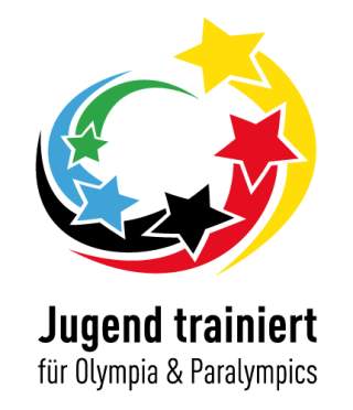 Logo mit fünf farbigen Sternen in Kreisform und dem Text „Jugend trainiert für Olympia & Paralympics“ darunter.
