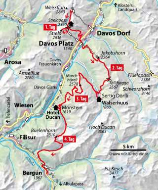 Karte mit eingezeichneter Kammroute durch Graubünden