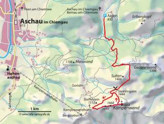 Wanderkarte von Aschau im Chiemgau mit eingezeichneter Route vom Parkplatz Aigen über Sulten, Steinlingalm und Staffelstein bis zur Kampenwand-Bergstation. Höhenangaben und Wanderwege sind dargestellt.
