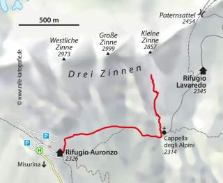 Karte: Zustieg von der Auronzohütte zum Einstieg des Normalwegs auf die Kleine Zinne.