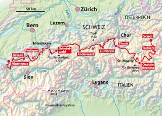 Karte mit eingezeichneter Fahrradroute durch die Schweiz