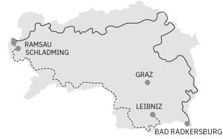 Karte mit Grundrisse der Steiermark und zwei eingezeichneten Wanderrouten