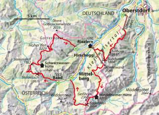 Karte mit eingezeichneter Route rund ums Kleinwalsertal