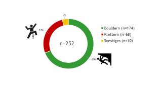 Kreisdiagramm mit 252 Fällen: 69% Bouldern (grün), 27% Klettern (rot), 4% Sonstiges (gelb); Legende und passende Piktogramme für jede Kategorie.
