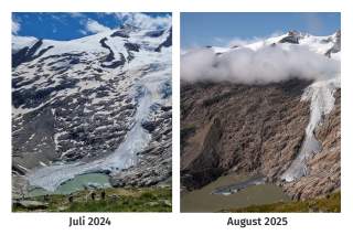 Gletscherrückgang im Jahresvergleich: Sommer 2024 (links) und Sommer 2025 (rechts).