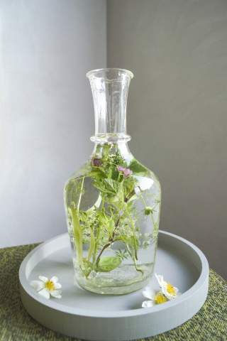 Glasflasche mit Kräuterwasser, Kräuter schwimmen noch im Glas.