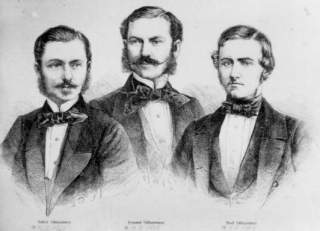 gemaltes Porträt der Münchner Forscher Robert, Hermann und Adolf Schlagintweit.