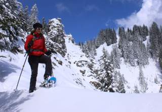 Schneeschuhwanderin am Laber in den Ammergauer Alpen.