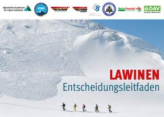 Fünf Skitourengeher laufen an einer Lawine vorbei