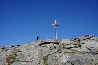 Blick von unten zu Gipfelkreuz, daneben steht ein Hund