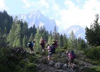 Fünf Menschen mit Rucksäcken und Trekkingstöcken steigen auf einem felsigen Waldweg in den Bergen bergauf, umgeben von Nadelbäumen und steilen Gipfeln im Hintergrund.