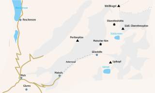 Kartenausschnitt mit Wanderwegen, Ortschaften, Hütten, Bergen und Seen in einer Alpenregion, u.a. Reschensee, Matsch, Weißkugel und Upikopf.