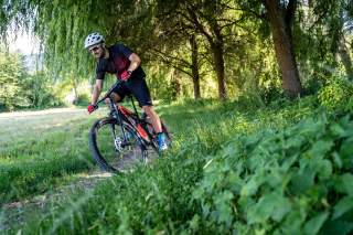 Mountainbiker fährt Kurve auf Trail