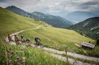 Gruppe von Mountainbikenden auf Forststraße