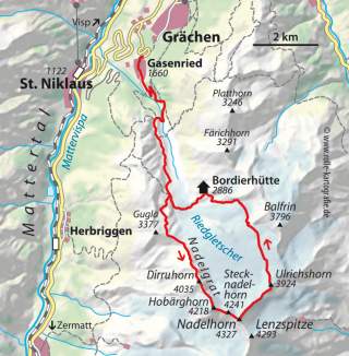 Karte: Nadelgrat - Die Route von Gasenried über die Bordierhütte
