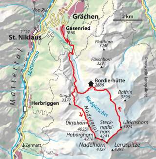 Karte: Nadelgrat - Die Route von Gasenried über die Bordierhütte