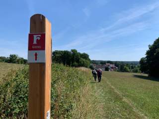 Wanderzeichen des Bächewegs an einem Holzpfahl, eine Wandergruppe im Hintergrund