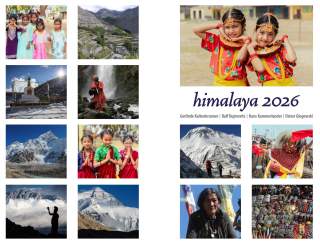 Collage aus Fotos von Menschen in traditioneller Kleidung, Berglandschaften, einem Wasserfall, einem Tempel und Kunsthandwerk im Himalaya, ergänzt durch den Titel 