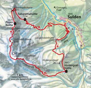 Karte: von Sulden über den Hintergrat auf den Ortler, zurück über Ortlerferner und Payerhütte