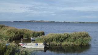 Ein paar kleine Boote liegen in einer Schilfbucht, rundherum Meer.