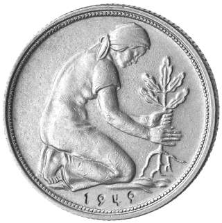 Rückseite der 50-Pfennig-Münze mit knieender Frau, die ein Eichenbäumchen pflanzt.