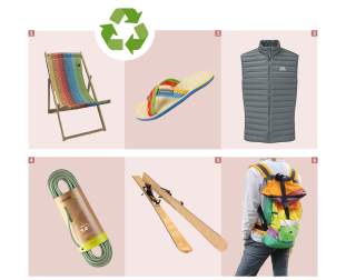 Liegestuhl, Outdoor-Sandale, Daunenweste, Kletterseil, Holzski und Rucksack - Beispiele für recycelte Outdoorausrüstung