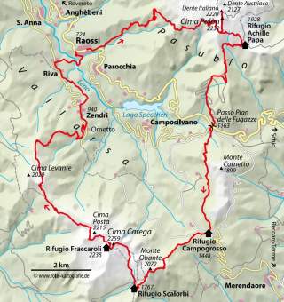 Karte mit eingezeichneter Route in den Piccole Dolomiti