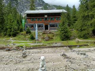 Holzhaus in alpiner Waldlandschaft mit Bergfelswand im Hintergrund, davor ein kleiner weißer Plüsch-Alpaka-Aufsteller auf einem Stein.