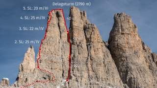 Routenverlauf der Delagokante an den Vajolettürmen.