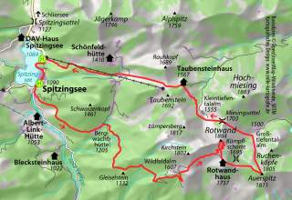 Topografische Wanderkarte rund um den Spitzingsee mit eingezeichneten Wanderwegen, Hütten, Gipfeln und Höhenangaben in den bayerischen Alpen.