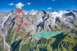 Glocknergruppe über dem Stausee Mooserboden, Großes Wiesbachhorn mit eingezeichneter Route, Foto: Jörg Bodenbender