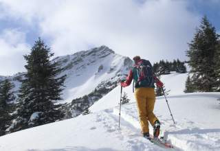 Skitourengeherin an der Scheinbergspitze in den Ammergauer Alpen.
