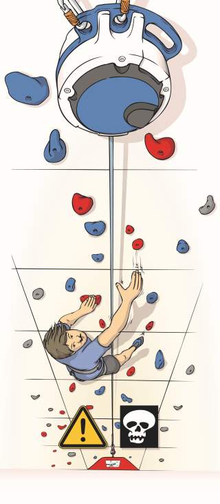 Illustration eines Kletterers an einer Kletterwand mit automatischem Sicherungsgerät; der Kletterer hat sich jedoch nicht darin eingehängt; unten Warnschilder mit Ausrufezeichen und Totenkopf, die auf eine Gefahr hinweisen.